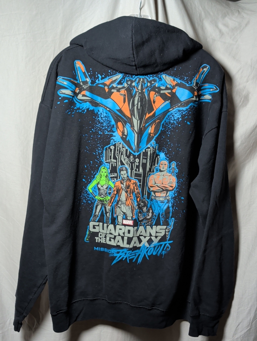 Hanes Black Zip-Up Hoodie XL Blue and Orange Graphic Kangaroo Pockets Leisure